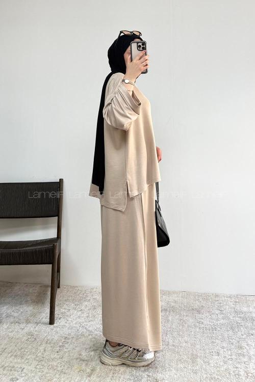Lamelif Bisiklet Yaka Basic İkili Takım Bej