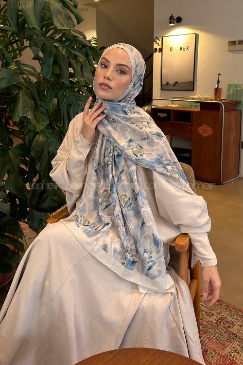 Lamelif Leaf Flower Desen Bambu Şal Taş Mavi