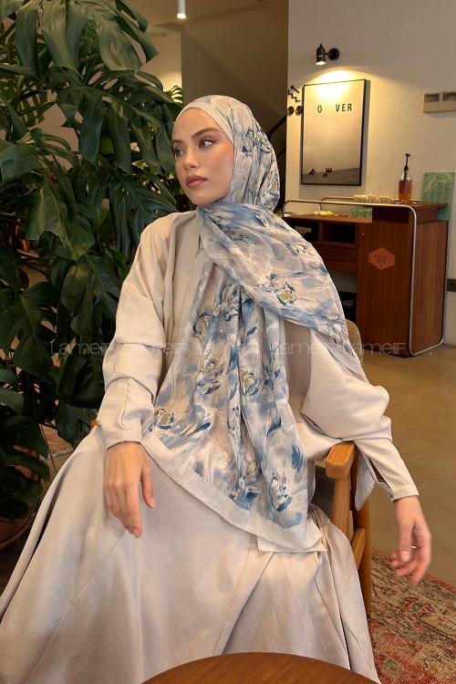 Lamelif Leaf Flower Desen Bambu Şal Taş Mavi
