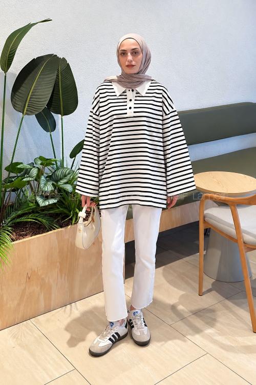 Lamelif Polo Yaka Düğmeli Tunik Siyah