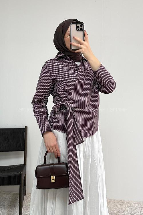 Lamelif Yandan Bağlamalı Çizgili Gömlek Mürdüm