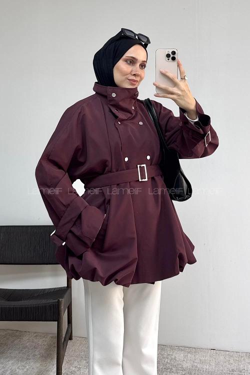 Lamelif Dik Yaka Kemer Detaylı Ceket Mürdüm