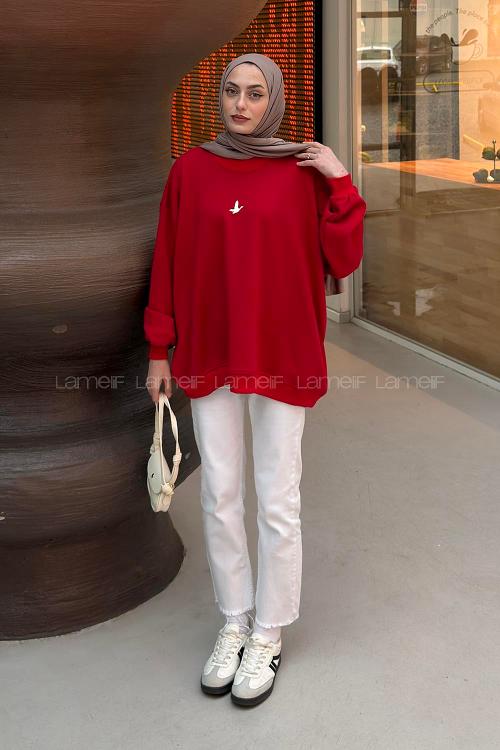 Lamelif Basic Kuş Detaylı Oversize Sweatshirt Kırmızı