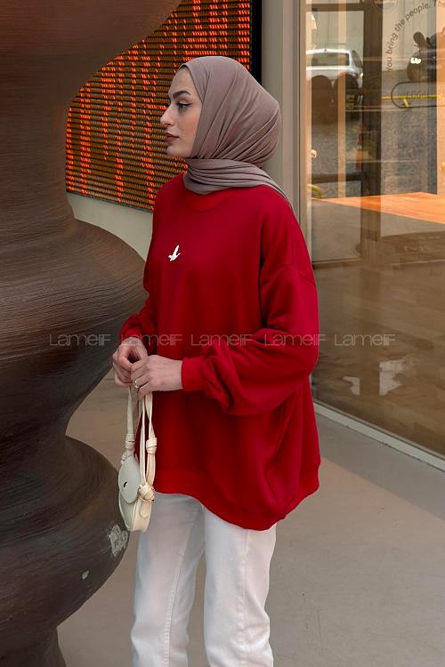 Lamelif Basic Kuş Detaylı Oversize Sweatshirt Kırmızı