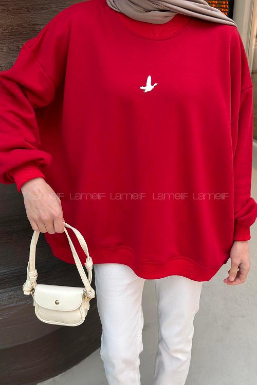 Lamelif Basic Kuş Detaylı Oversize Sweatshirt Kırmızı