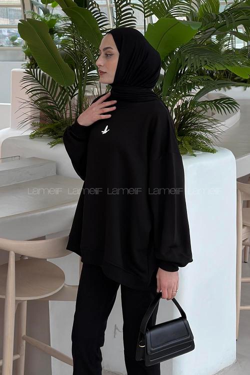 Lamelif Basic Kuş Detaylı Oversize Sweatshirt Siyah