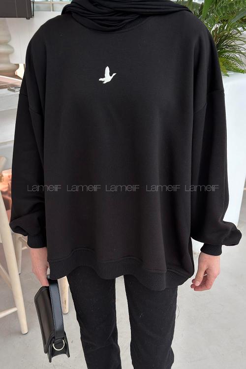 Lamelif Basic Kuş Detaylı Oversize Sweatshirt Siyah