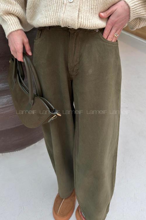 Lamelif Yüksek Bel Gabardin Fit Pantolon Haki