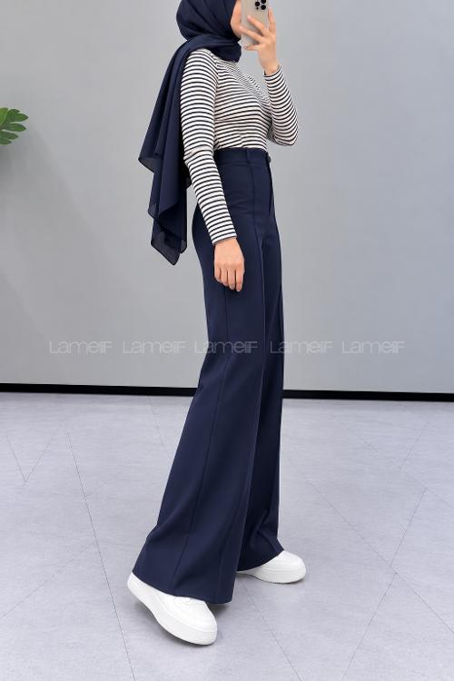 Lamelif Çımalı Bol Paça Pantolon Lacivert
