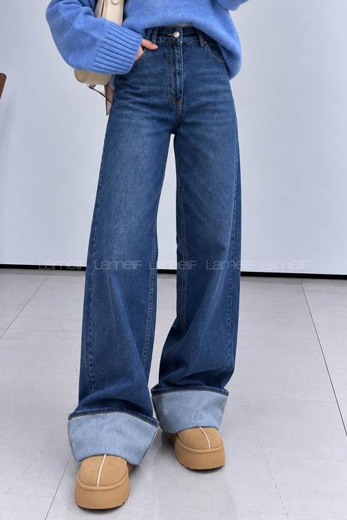 Lamelif Paça Kıvırmalı Flare Pantalon Koyu Mavi