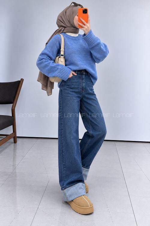 Lamelif Paça Kıvırmalı Flare Pantalon Koyu Mavi