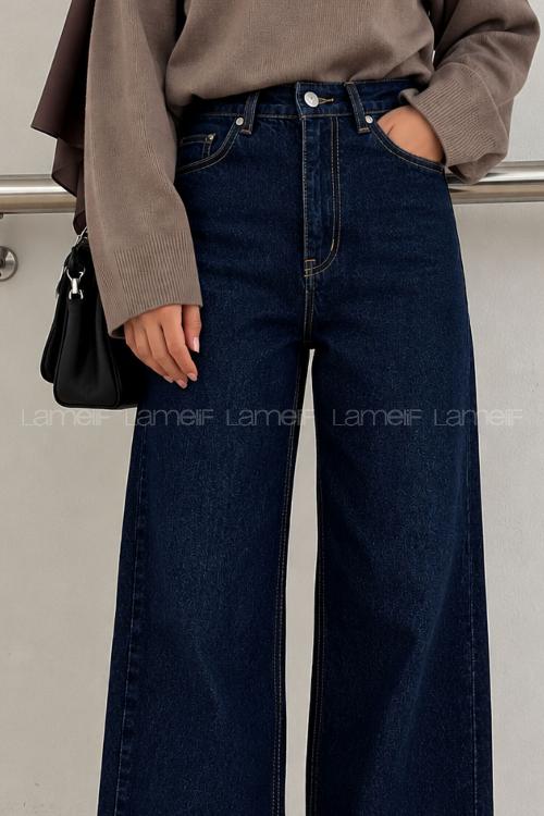 Navy Blue Cotton Denim High Waist Pants