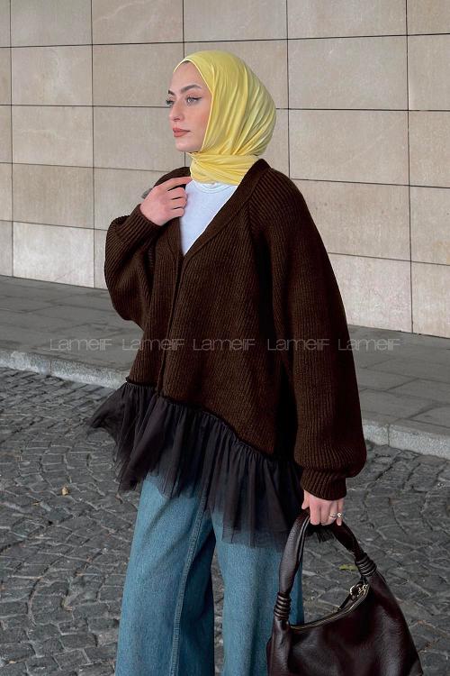 Lamelif V Yaka Eteği Şifon Tasarım Hırka Kahverengi
