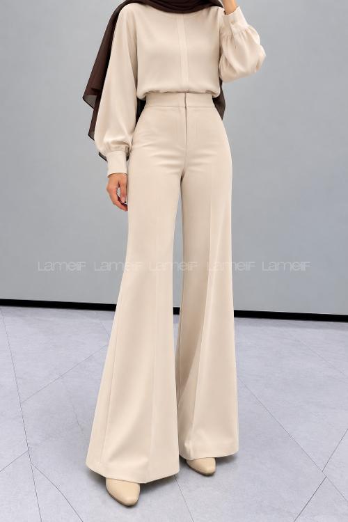 Cream Cotton Fabric High Waist Comfortable Pants