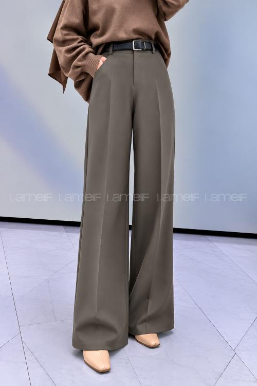 Khaki Crepe Fabric High Waist Material Pants