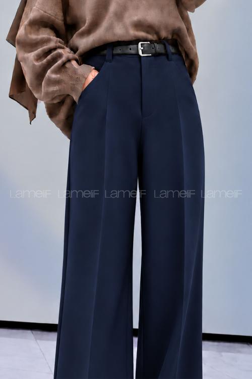 Navy Blue Crepe Fabric High Waist Material Pants